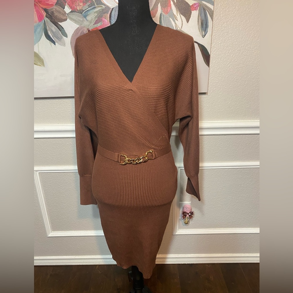Brown Ribbed Sweater Dress - Picture 3 of 14